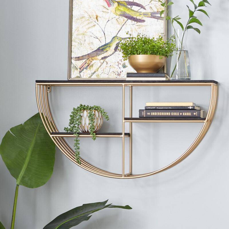 602377 Gold Wood Contemporary Wall Shelves, 15" x 28" x 7"